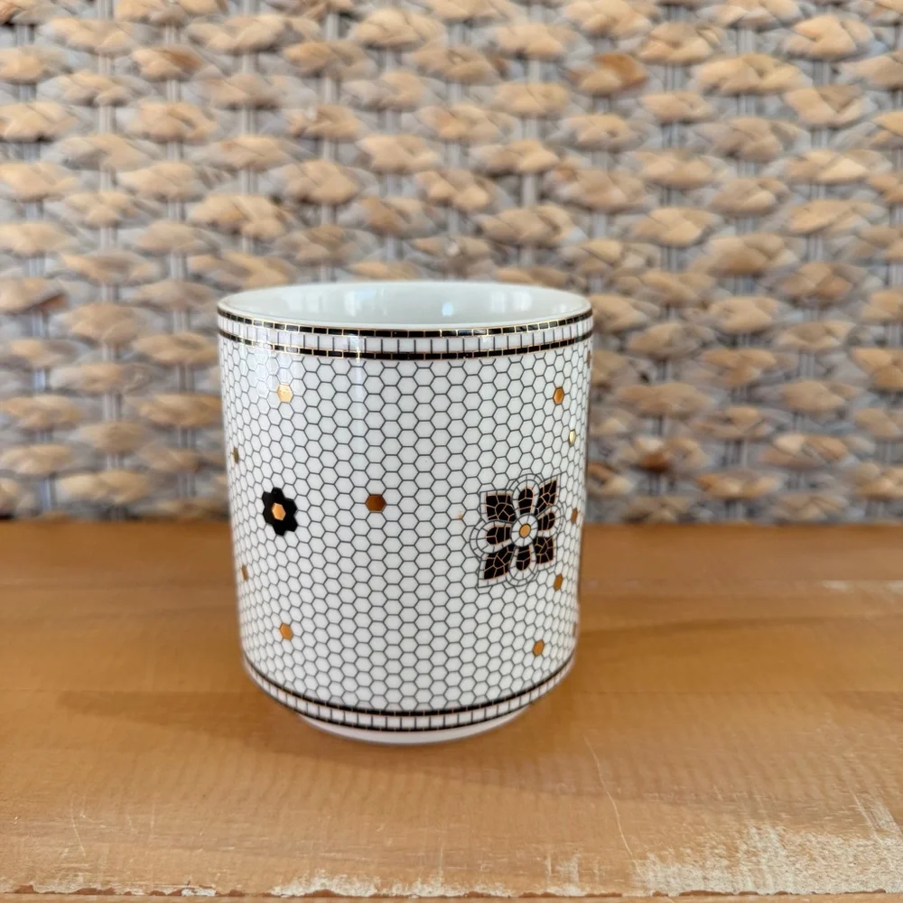 Anthropologie Coffee Mug Monogram Letter S Gold & Black Bistro Tile Honeycomb